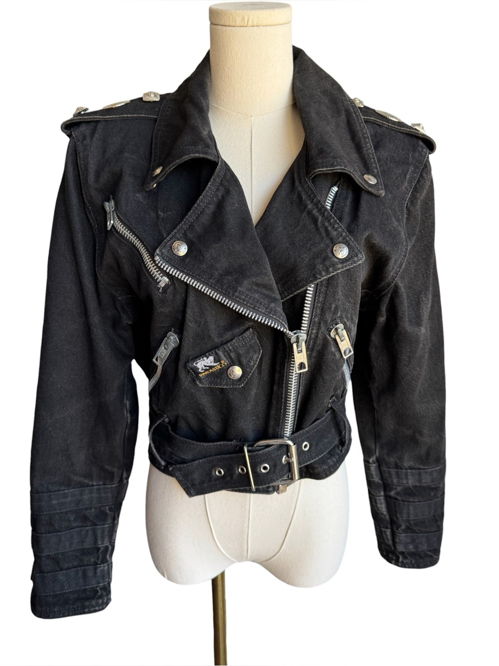 Vintage Parasuco Black Denim Jacket Sz Small Belted Biker Moto Chic Rocker